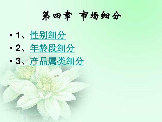 第四章 市場(chǎng)細(xì)分   1,性別細(xì)分 ,   2,年齡段細(xì)分 ,   3,產(chǎn)品屬類細(xì)分